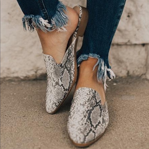 snakeskin print mules